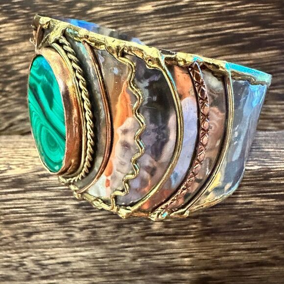Handcrafted 2in Wide Cuff Bracelet, Malachite Green Stone, Mixed Metals, Adjust - Picture 6 of 10